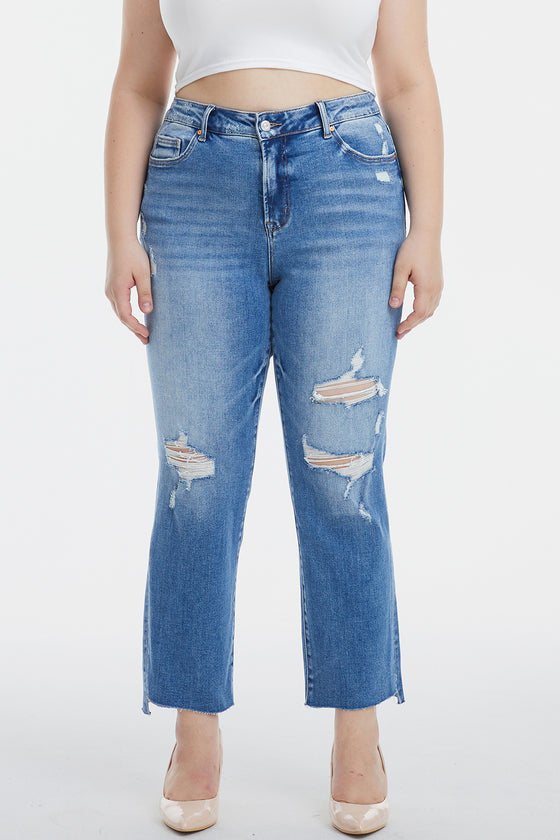 BAYEAS Full Size Mid Waist Distressed Ripped Straight Jeans